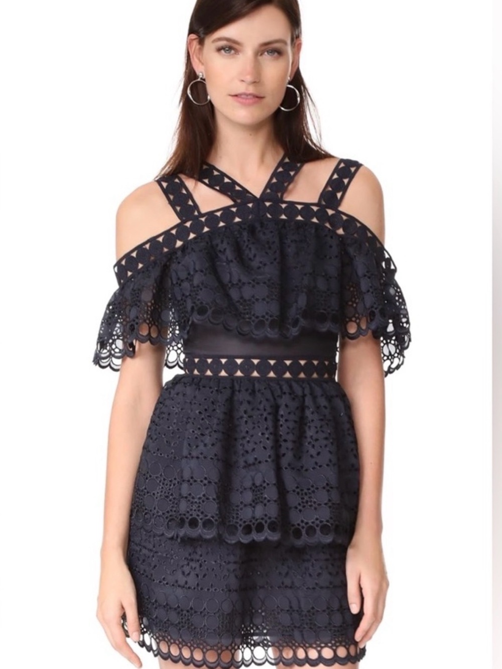 Self-Portrait Navy Eyelet Lace Cold-Shoulder Dress Top
